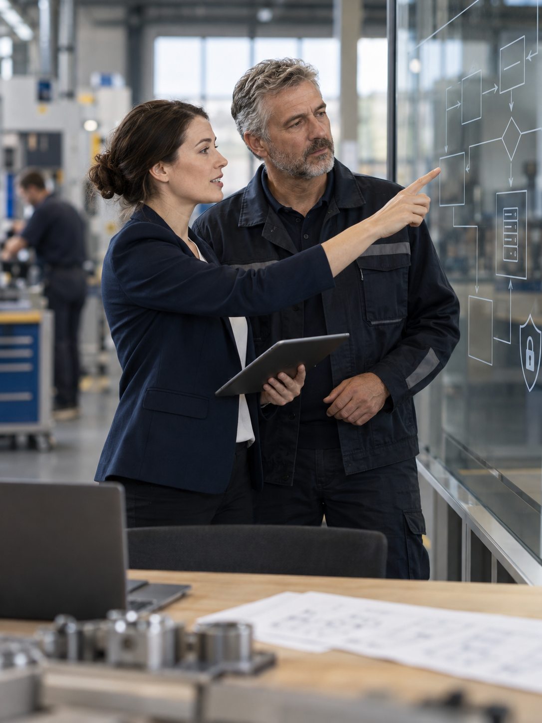 Digital adviser and workshop manager reviewing a process diagram